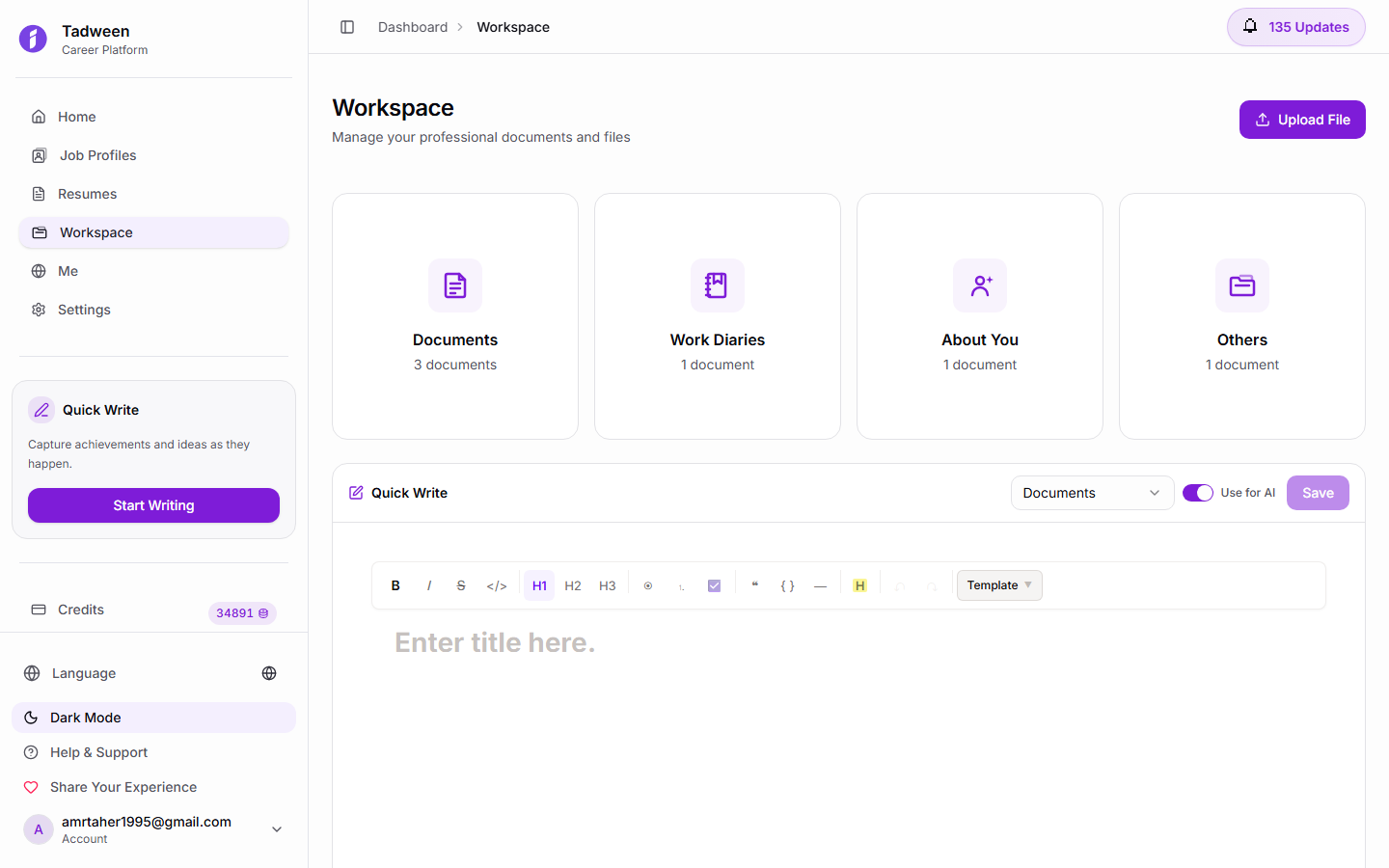 Tadween AI workspace generating a tailored cover letter