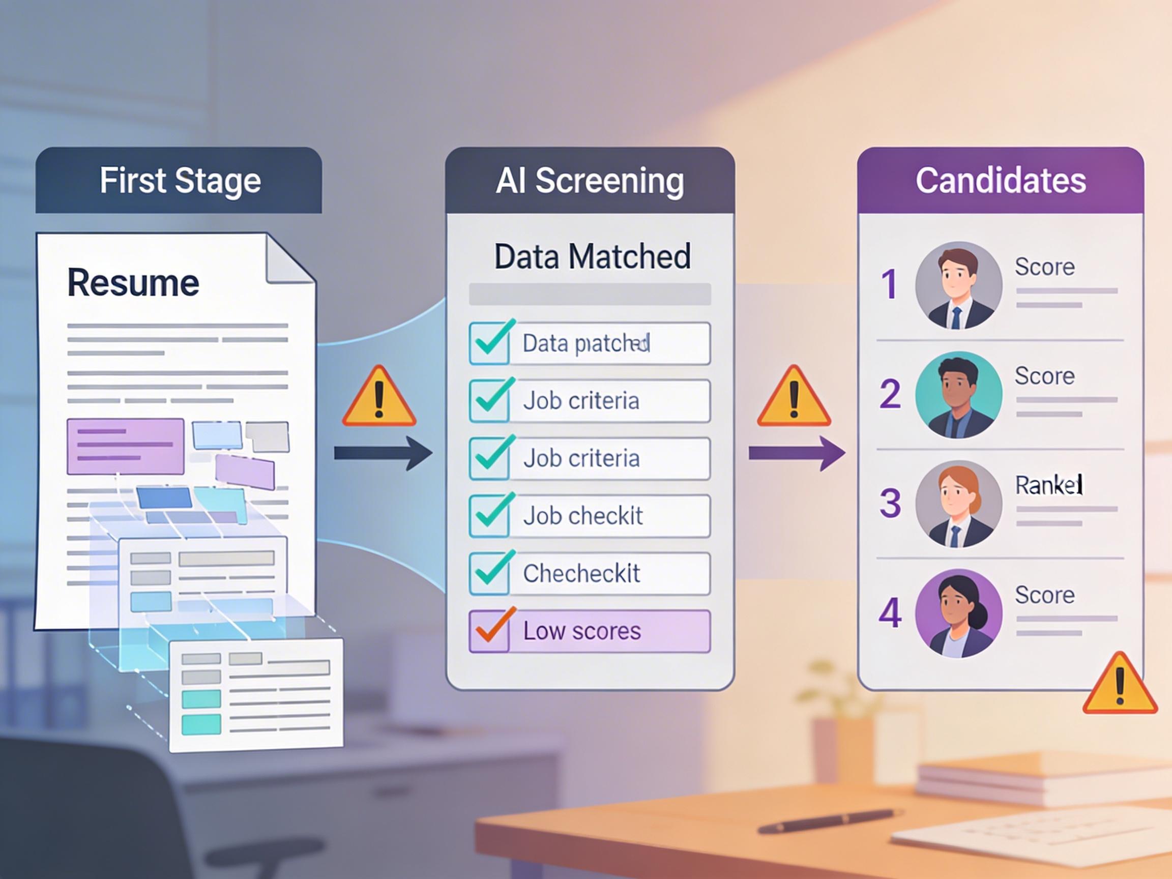 Diagram showing three stages of AI resume screening: parsing, matching, and scoring, with failure points highlighted