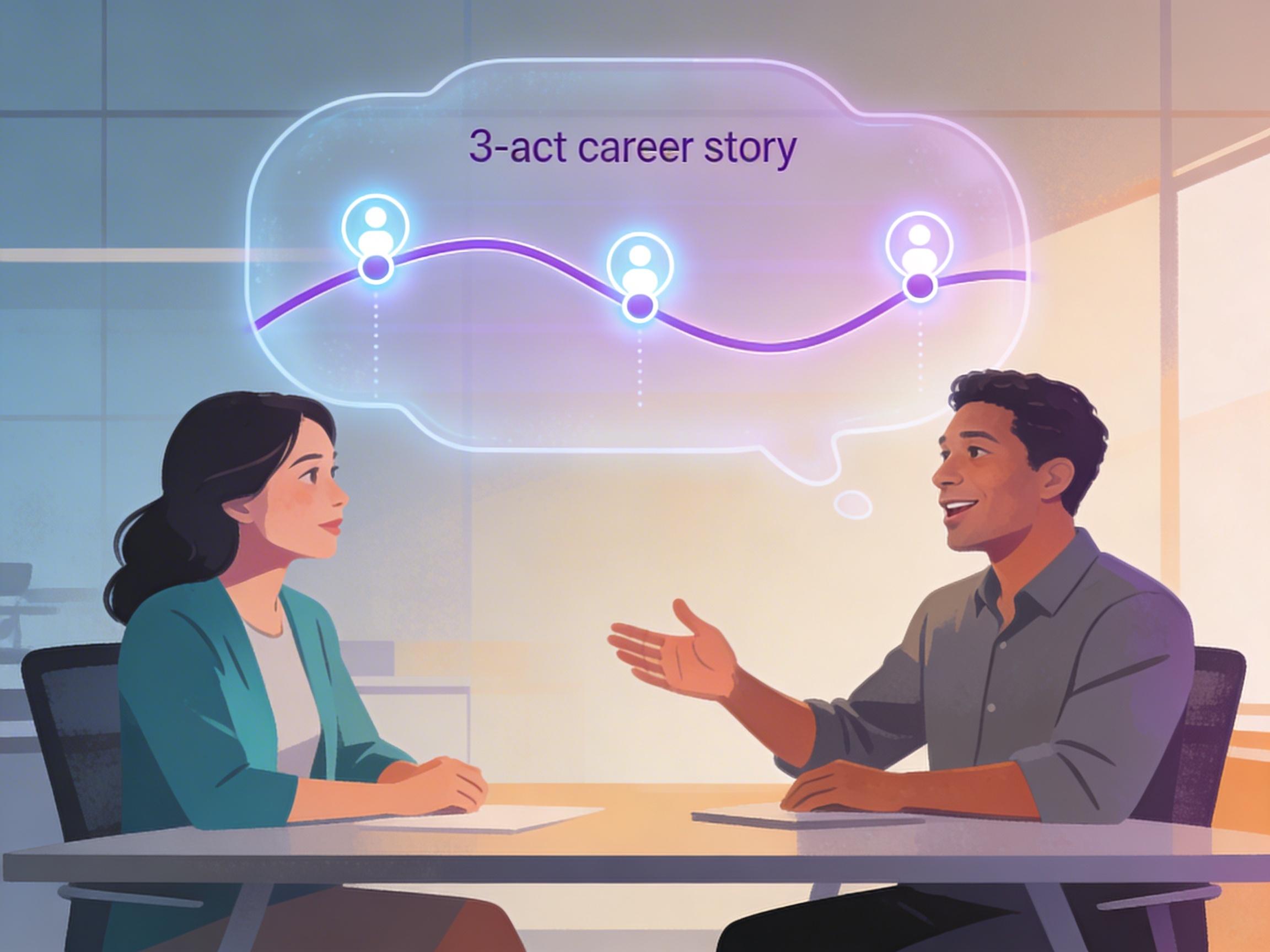 Interview scene showing the 3-act narrative framework as a visual timeline