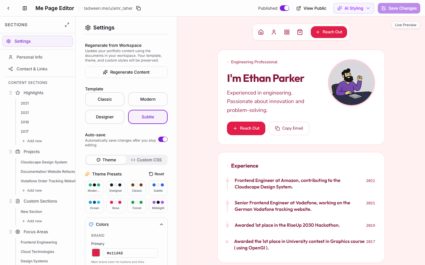 Tadween portfolio builder with customizable sections