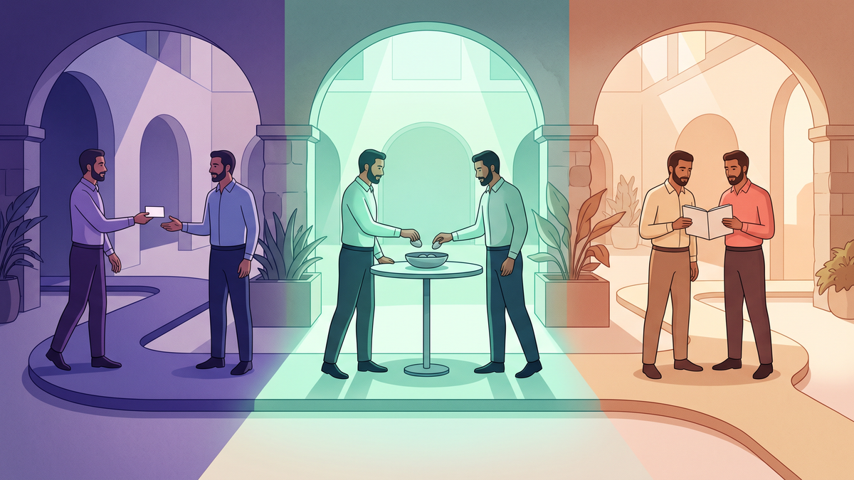 The same two professionals move from a first invitation to a mutual mentoring agreement and then to a review or respectful close point