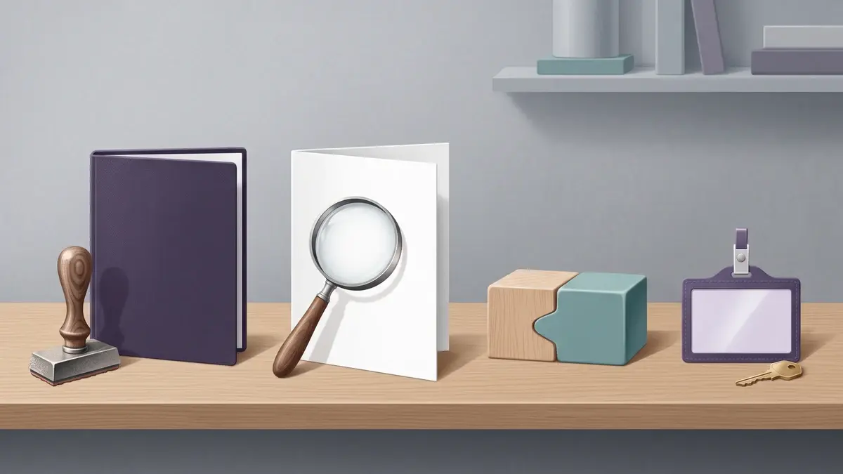 Four distinct credential processes represented by a stamp, magnifying glass, aligned blocks, and professional badge