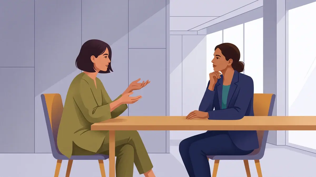 Two colleagues discussing specific workplace feedback in a calm private conversation