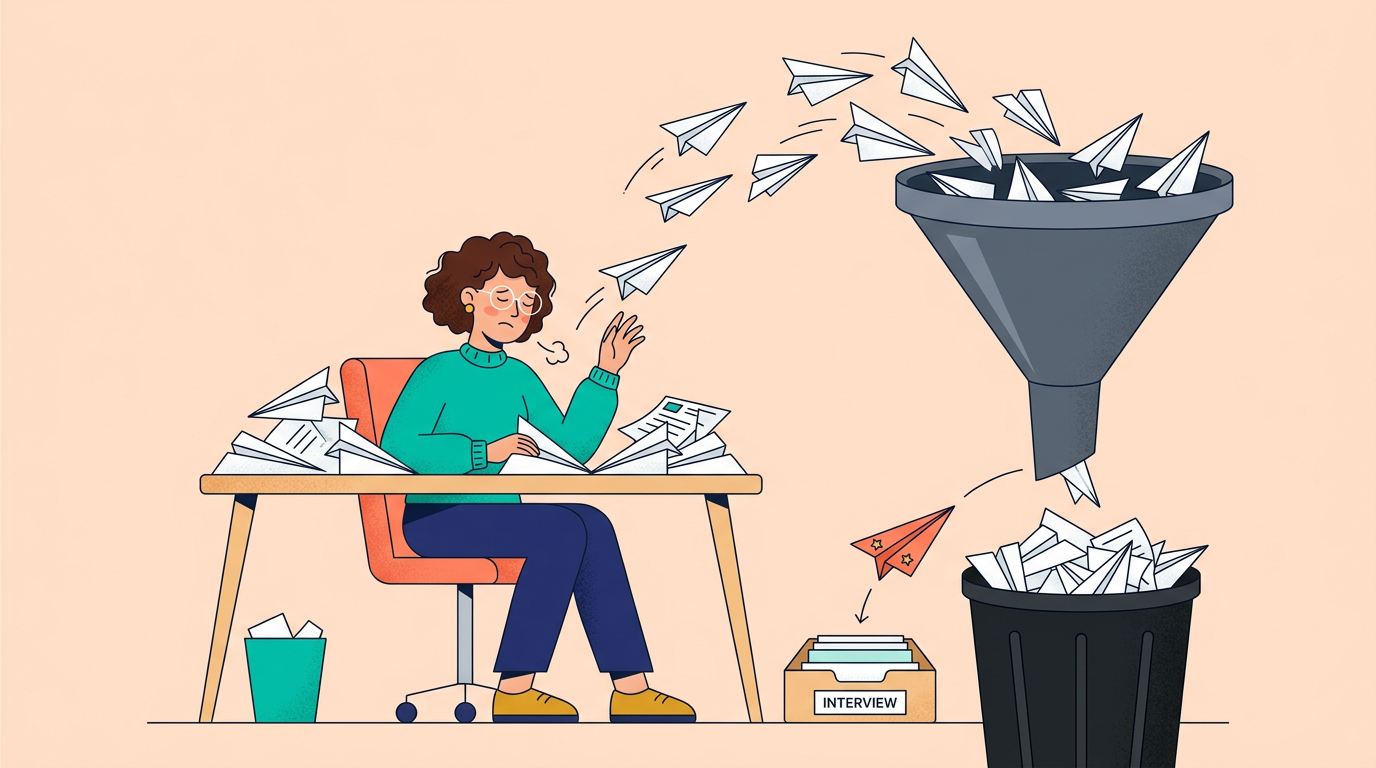 Illustration showing resumes being filtered through a broken funnel, with qualified candidates being rejected