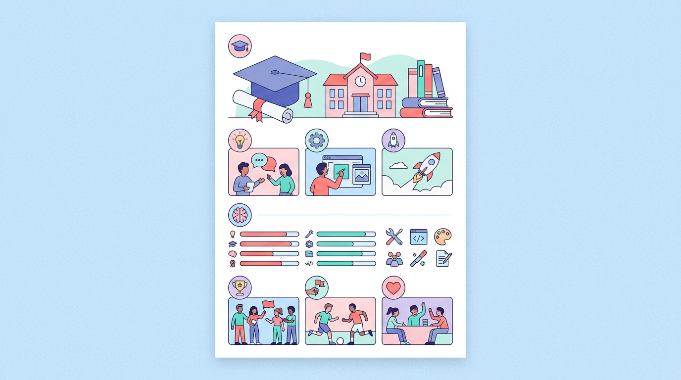 Education-first resume format showing sections in order: contact info, education, projects, skills, and activities