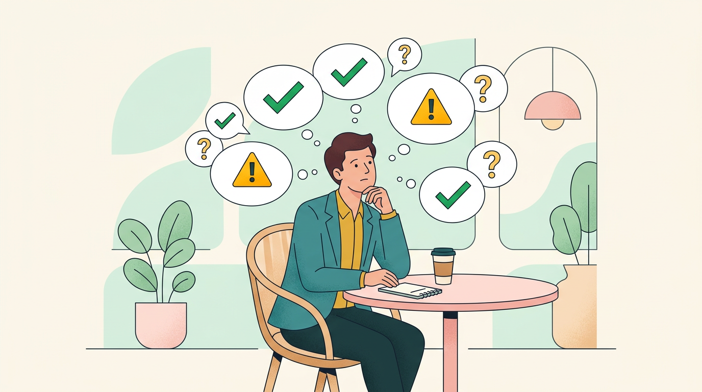 Person sitting at a cafe after a job interview, surrounded by floating thought bubbles with question marks and checkmarks, representing post-interview analysis