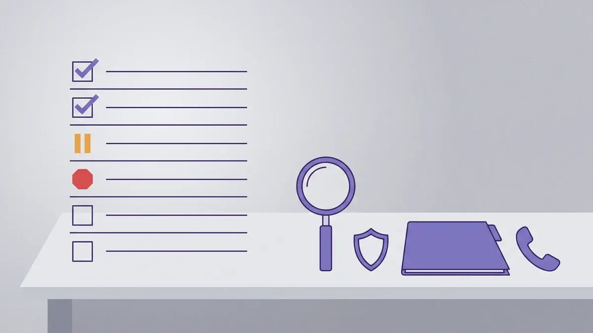 A symbolic checklist showing verified items, a pause point, and a stop point beside a shield and contract folder