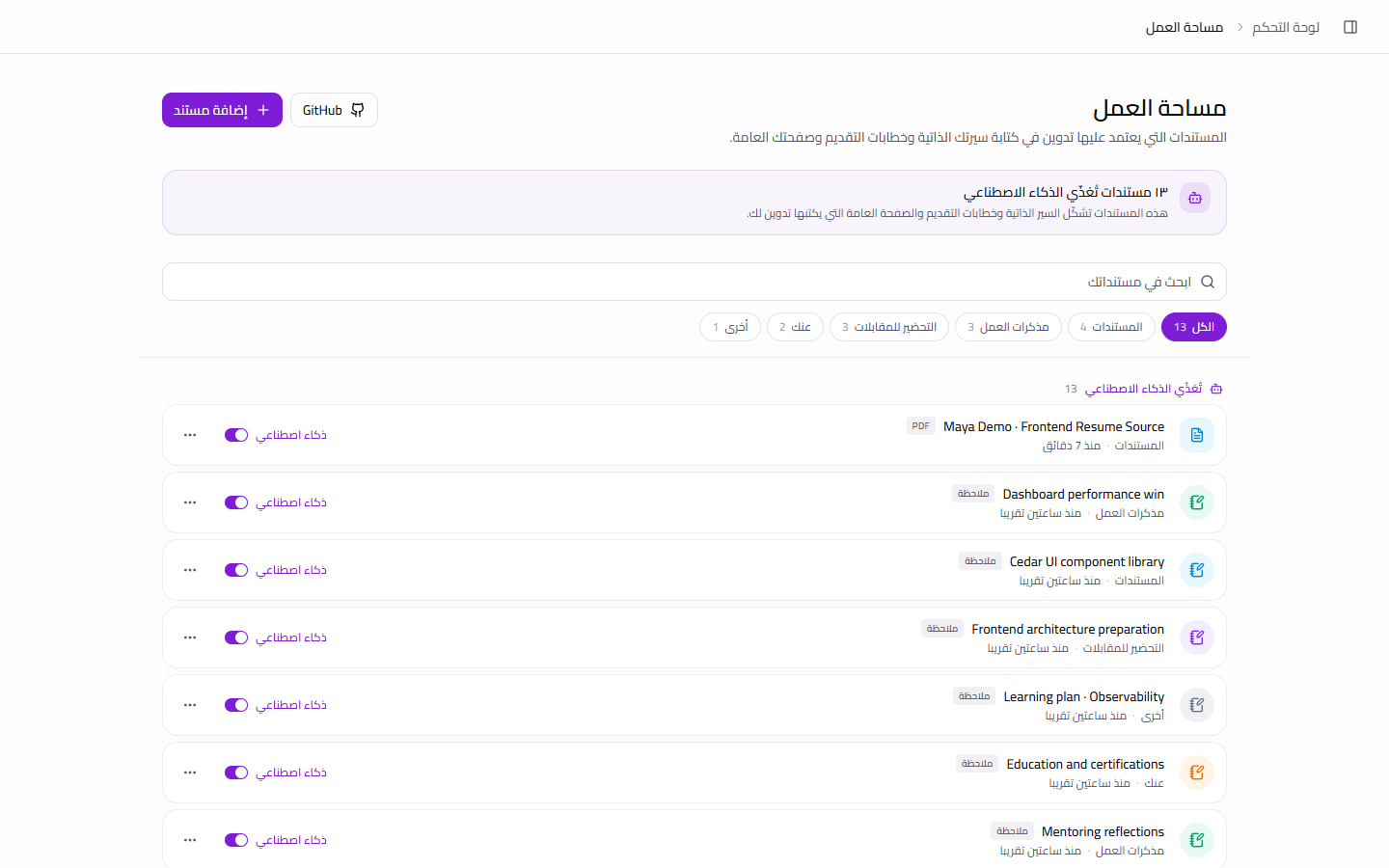 مساحة العمل المهنية في تدوين تعرض الوثائق والملاحظات والمجلدات
