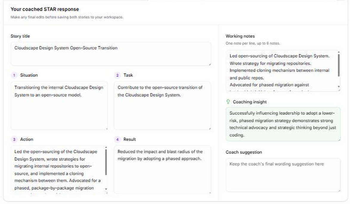 Approved Interview Coach view showing an editable STAR response, working notes, coaching insight, and supporting resume evidence