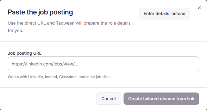 Approved English Tadween dialog for creating a tailored resume from role context and an uploaded resume source