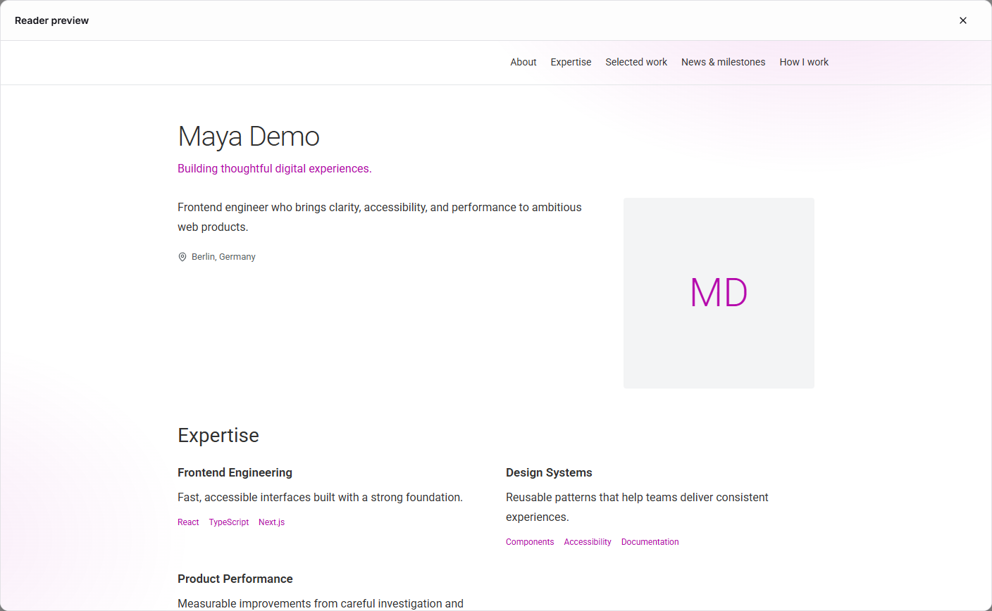 Tadween personal page reader preview showing a professional portfolio