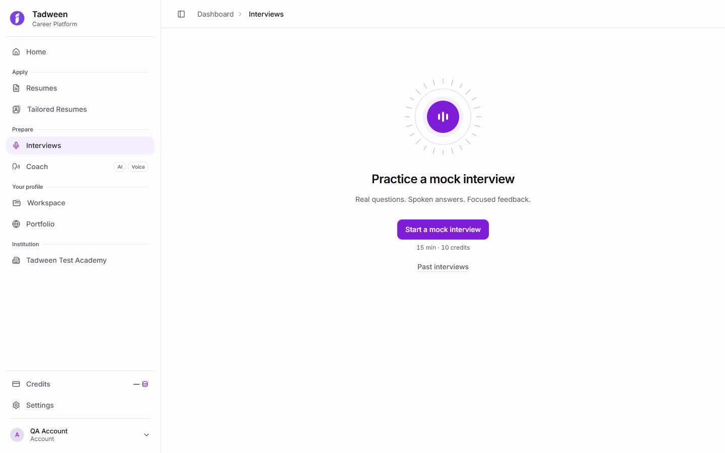 The approved English Tadween Mock Interviews entry screen