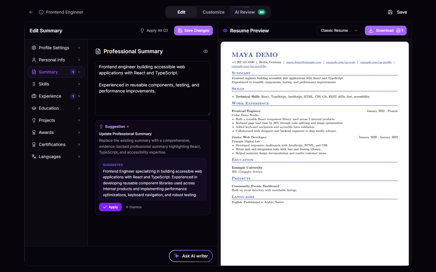 Tadween resume editor with editable content and a live resume preview