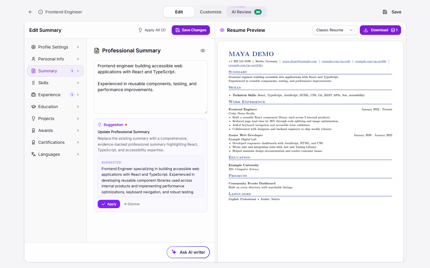 Tadween resume editor with editable content and a live resume preview