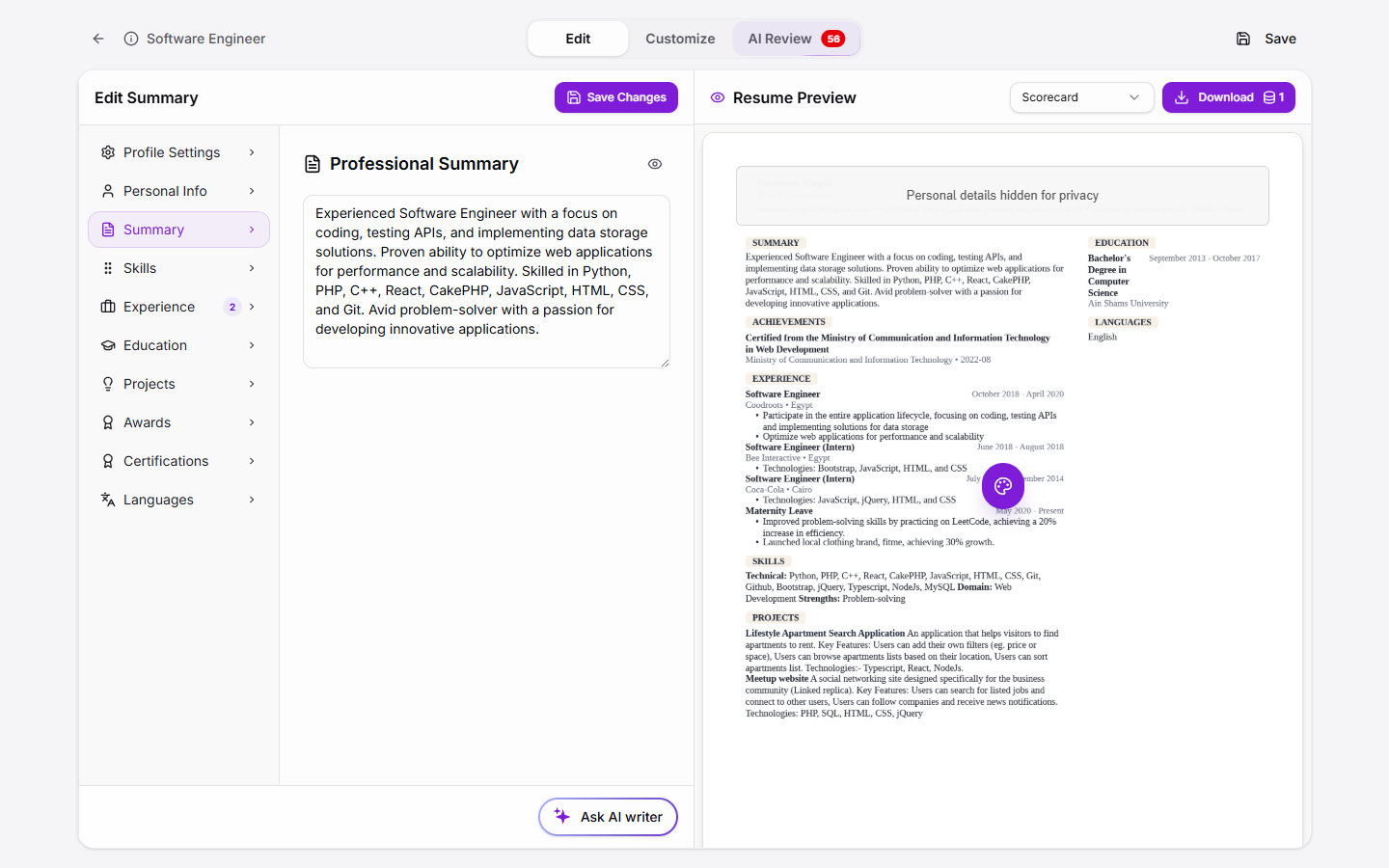Tadween Resume Builder in English with editable sections and a live resume preview