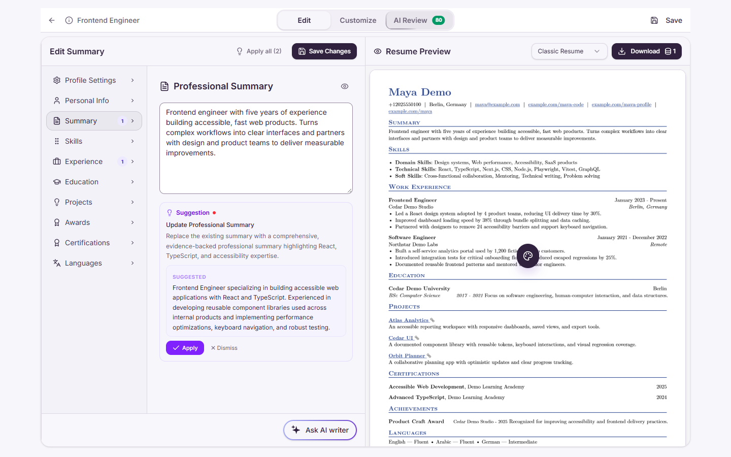 Approved Tadween Resume Builder capture in English showing structured resume editing beside a live document preview