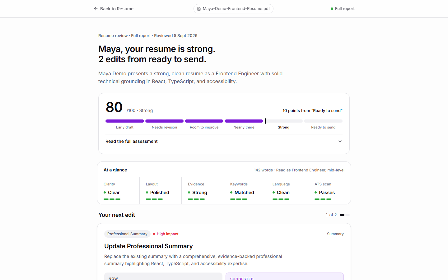 Approved English Tadween Resume Review demonstration report showing an overall verdict, category scores, and prioritized feedback