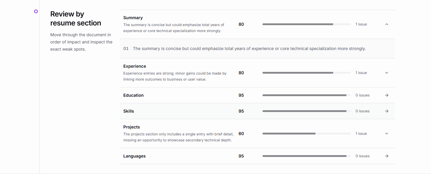 Detailed resume section feedback in a Tadween review report